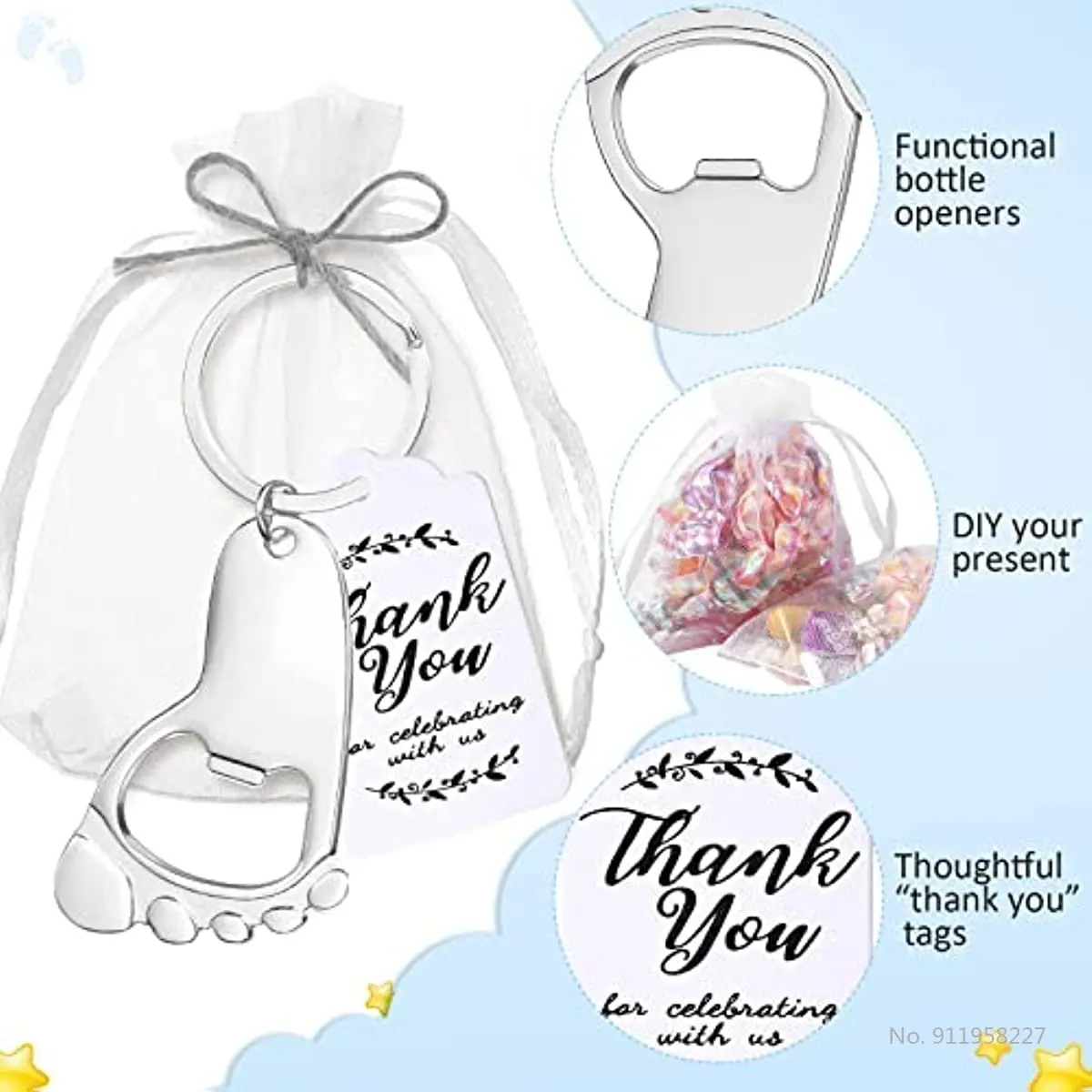 50-piece baby footprint key chain bottle opener baby shower party with organic cloth bag and baby shower party souvenir label - Image 4