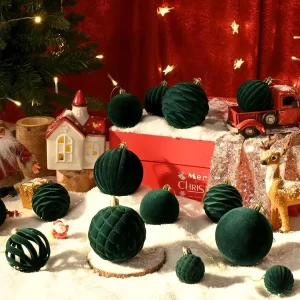 Waipfaru 38Pcs Velvet Ornaments for Christmas Tree Dark Green Flocked Christmas Ornaments Shatterproof Hanging Ball Set for Xma