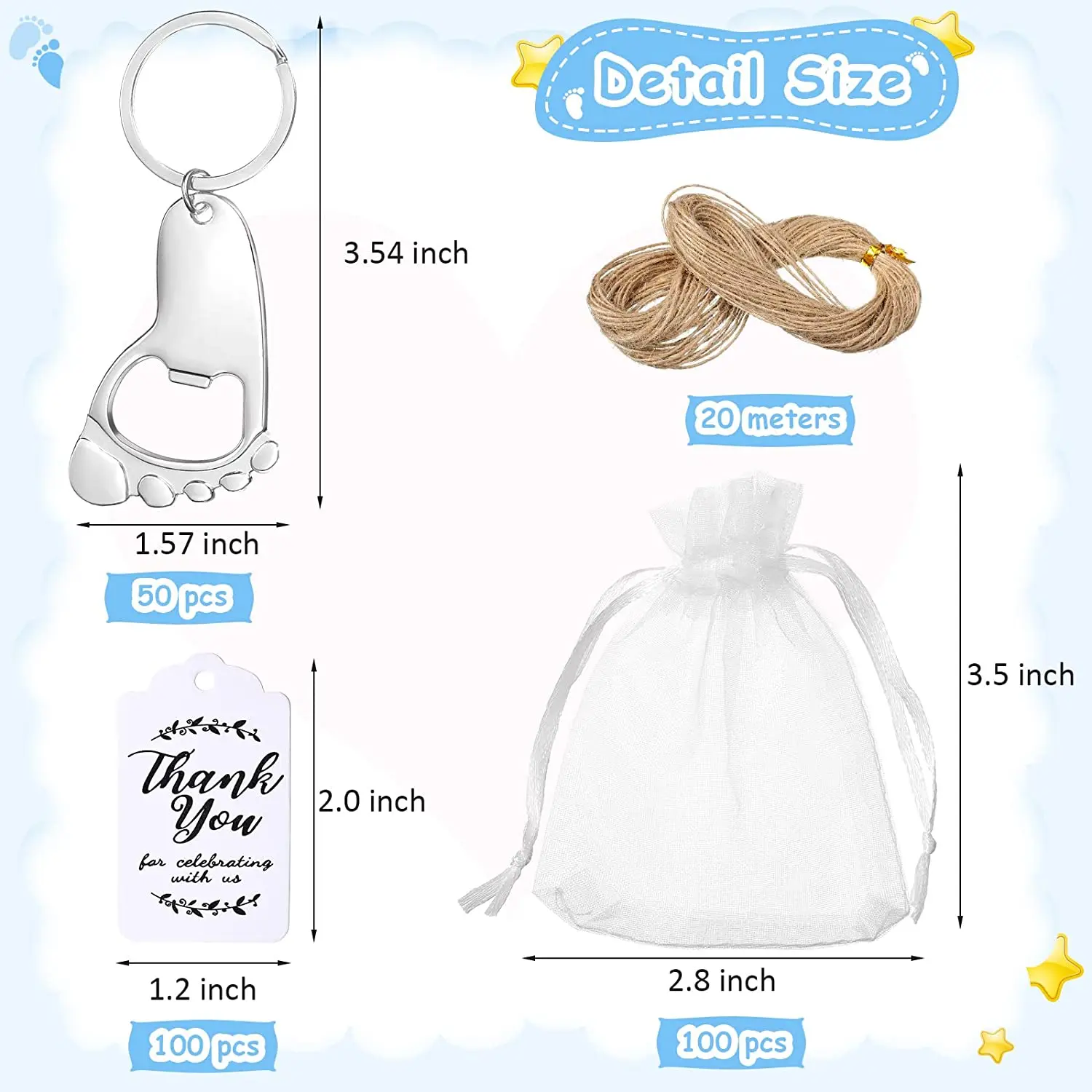 50-piece baby footprint key chain bottle opener baby shower party with organic cloth bag and baby shower party souvenir label - Image 3