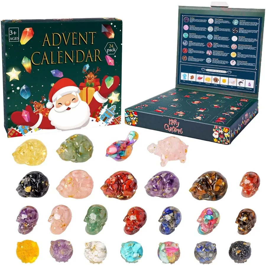 Crystal Advent Calendar 2025 for 24 Natural Gemstones Healing Stones Advent Calendar with Geographic Gemstone Rocks and Mineral