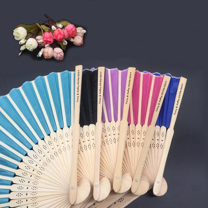30pcs/lot Custom Folding Fan Personalized Bride & Groom's Name & Date Silk Wedding Dance Hand Fan with Gift Box Party Favors - Image 2