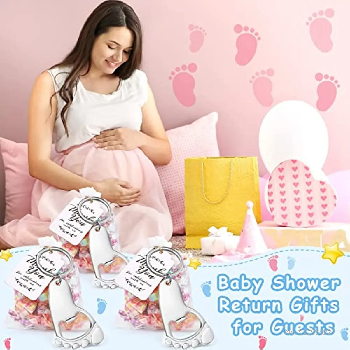 50-piece baby footprint key chain bottle opener baby shower party with organic cloth bag and baby shower party souvenir label - Image 5